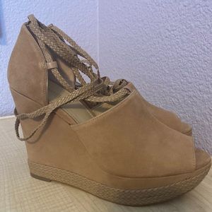 Super cute, tan suede, lace up, Michael by Michael Kors wedges.